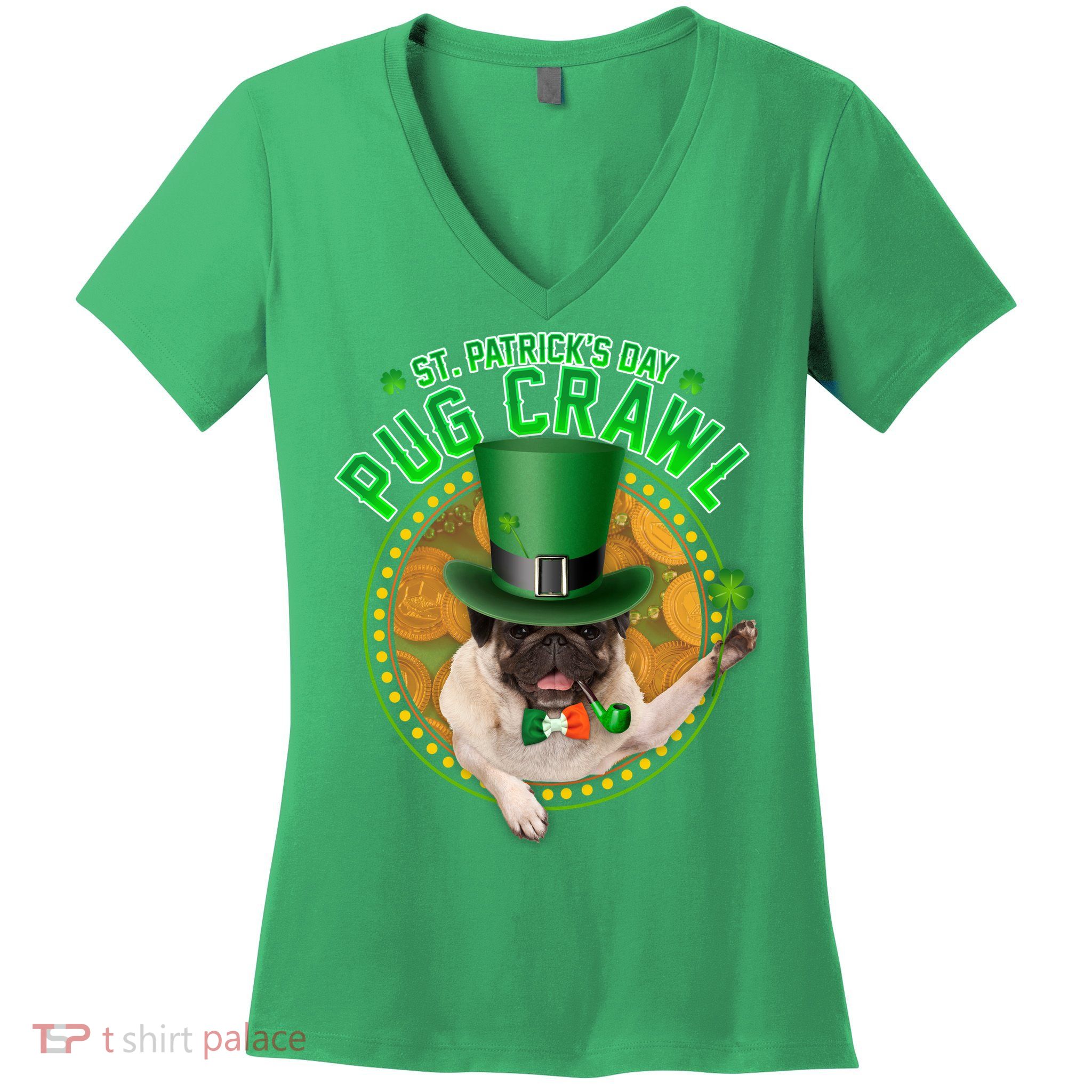 St. Patrick's Day Pug Crawl Funny Irish Pug Women's V-Neck T-Shirt