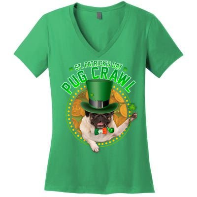 St. Patrick's Day Pug Crawl Funny Irish Pug Women's V-Neck T-Shirt