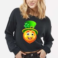 St. Patrick's Day Shamrock Leprechaun Emoji Smiley Cropped Pullover Crew
