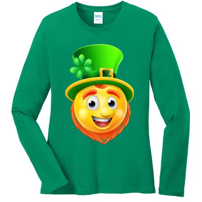St. Patrick's Day Shamrock Leprechaun Emoji Smiley Ladies Long Sleeve Shirt