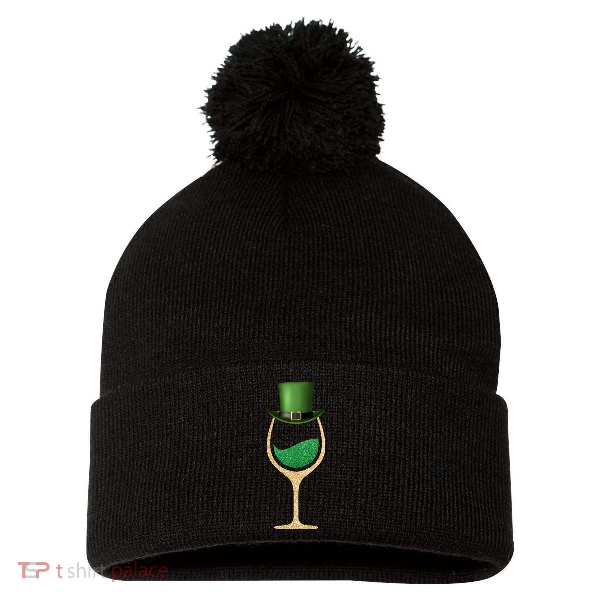 St. Patrick's Day Wine Glass Pom Pom 12in Knit Beanie