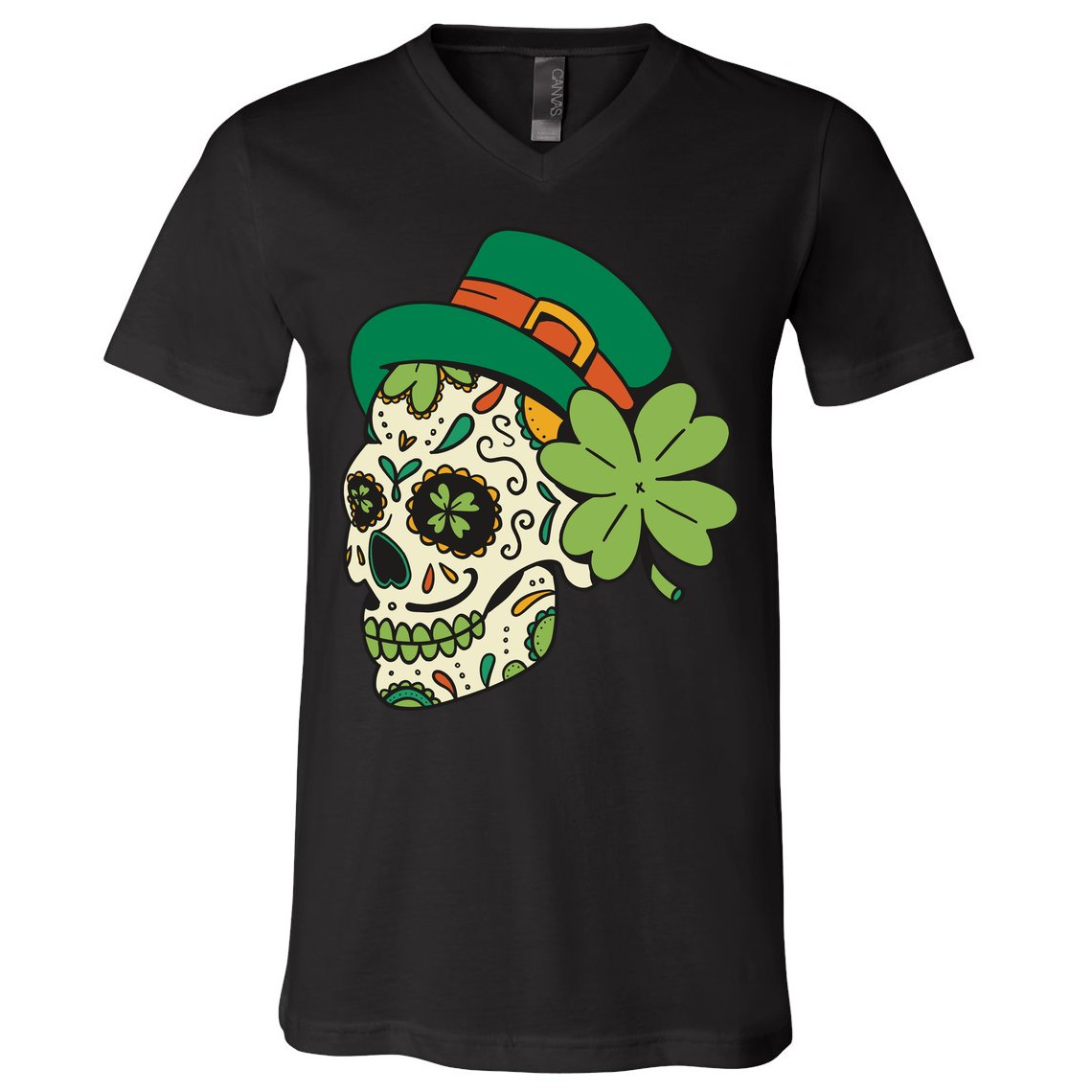 St Patricks Clover Skull V-Neck T-Shirt