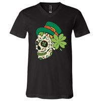 St Patricks Clover Skull V-Neck T-Shirt