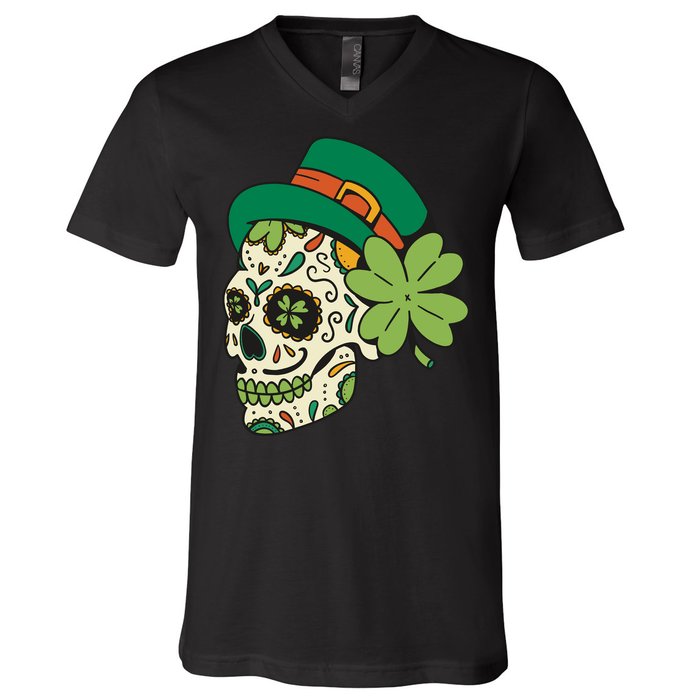 St Patricks Clover Skull V-Neck T-Shirt