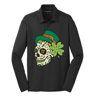 St Patricks Clover Skull Silk Touch Performance Long Sleeve Polo