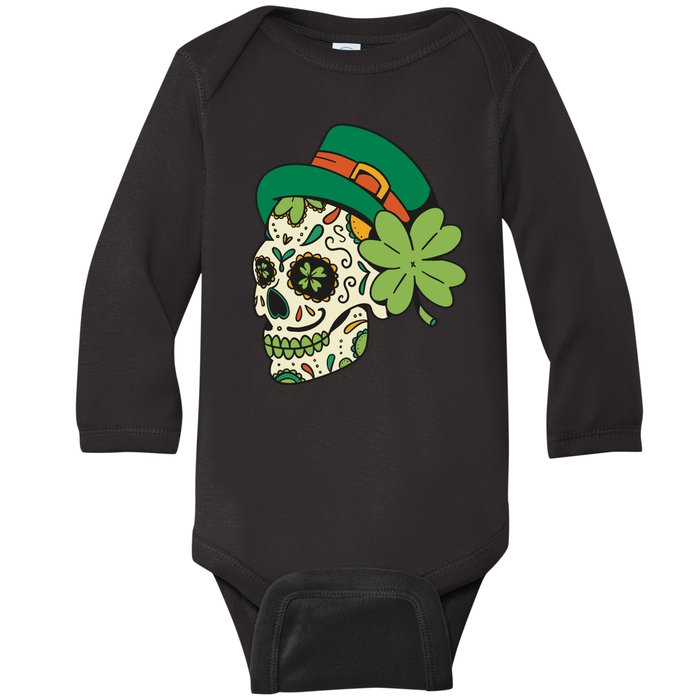 St Patricks Clover Skull Baby Long Sleeve Bodysuit