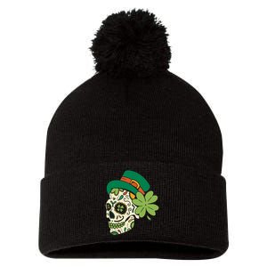 St Patricks Clover Skull Pom Pom 12in Knit Beanie