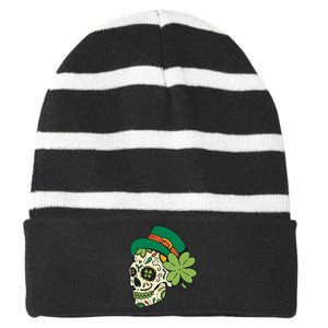 St Patricks Clover Skull Striped Beanie with Solid Band