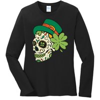 St Patricks Clover Skull Ladies Long Sleeve Shirt