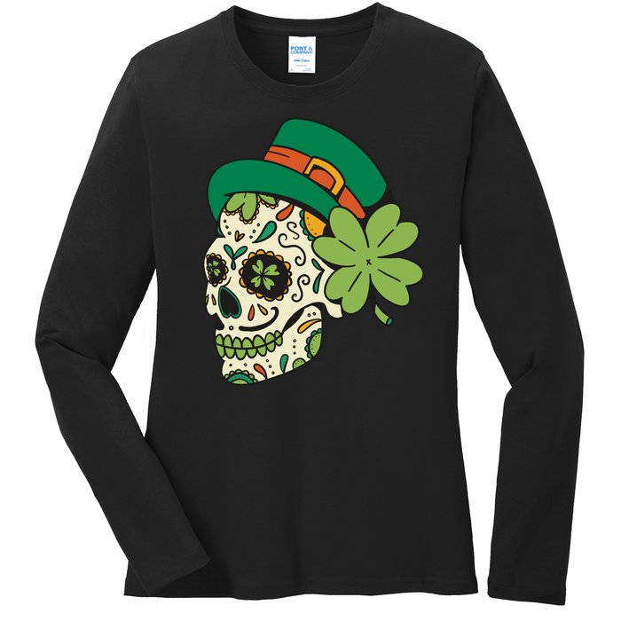 St Patricks Clover Skull Ladies Long Sleeve Shirt