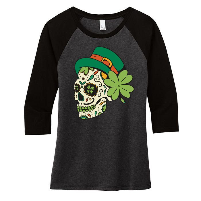 St Patricks Clover Skull Women's Tri-Blend 3/4-Sleeve Raglan Shirt