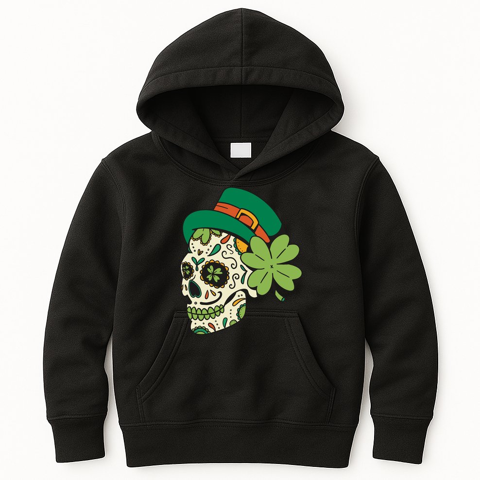 St Patricks Clover Skull Kids Hoodie