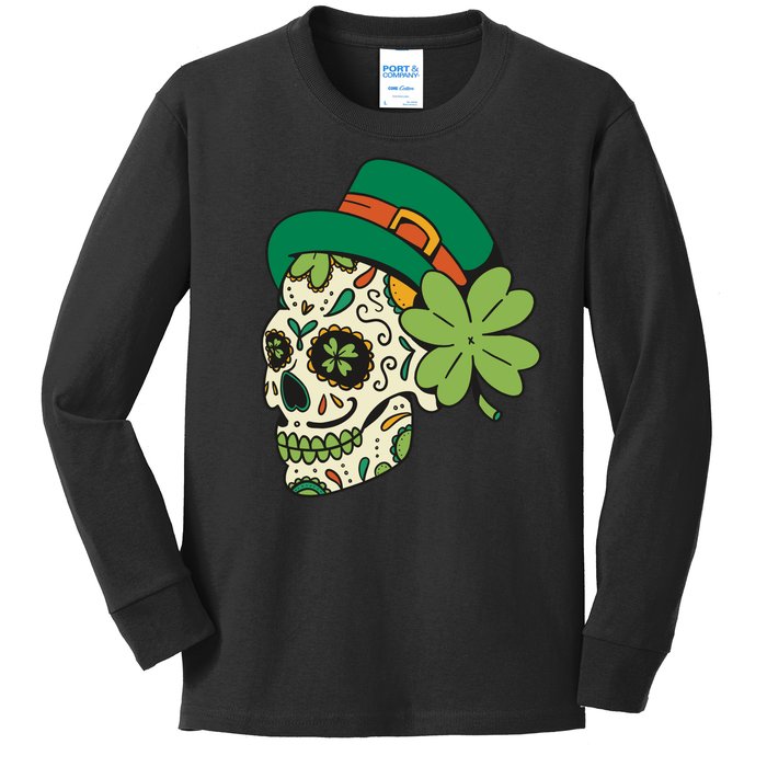 St Patricks Clover Skull Kids Long Sleeve Shirt