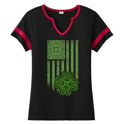 St Patrick's Day Celtic Shamrock US American Flag Ladies Halftime Notch Neck Tee