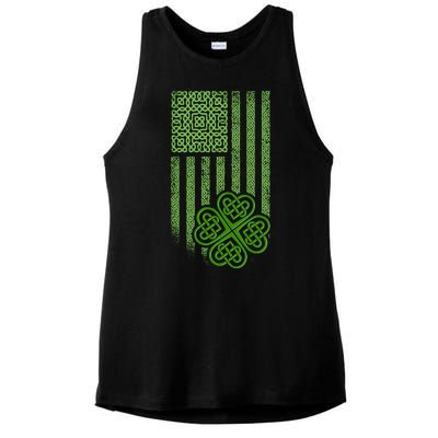 St Patrick's Day Celtic Shamrock US American Flag Ladies PosiCharge Tri-Blend Wicking Tank