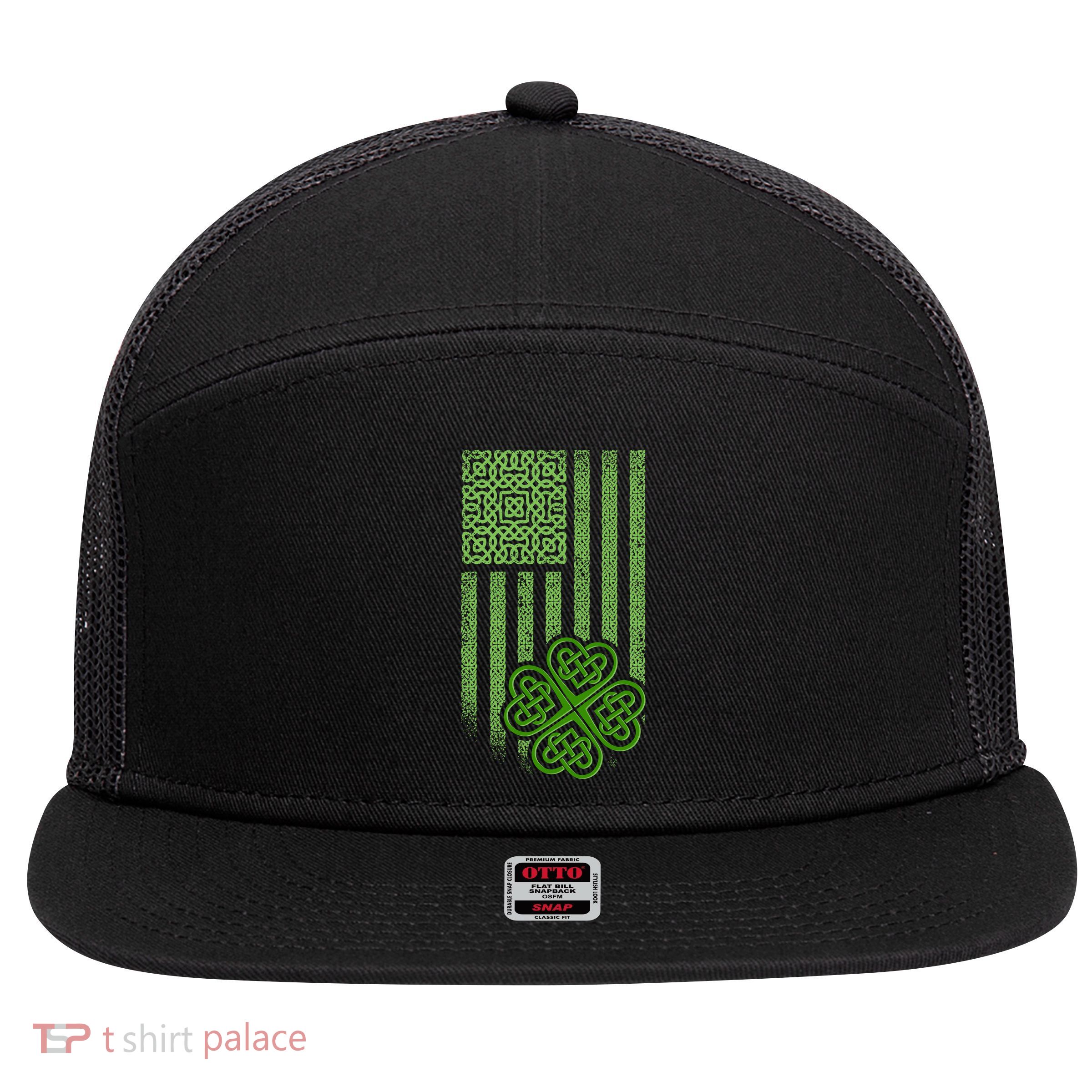 St Patrick's Day Celtic Shamrock US American Flag 7 Panel Mesh Trucker Snapback Hat
