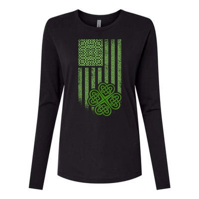 St Patrick's Day Celtic Shamrock US American Flag Womens Cotton Relaxed Long Sleeve T-Shirt