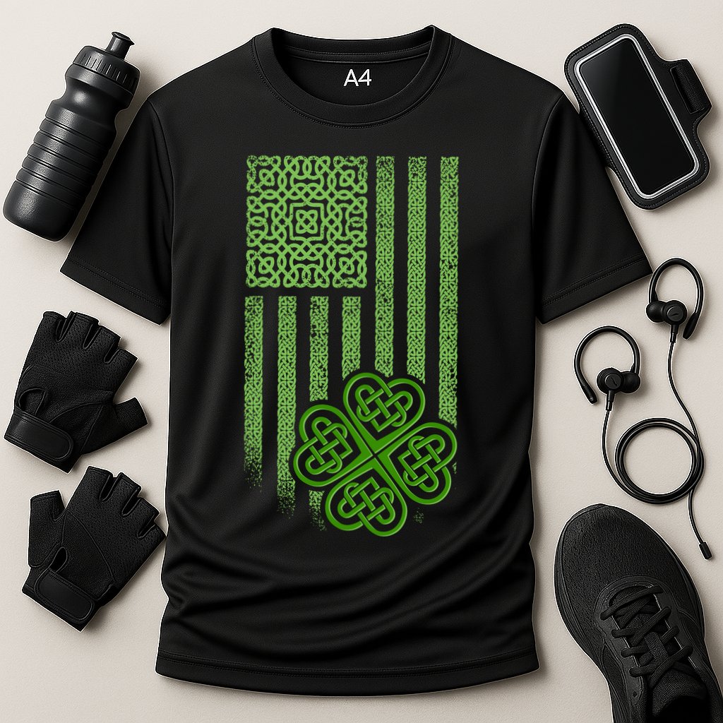 St Patrick's Day Celtic Shamrock US American Flag Cooling Performance Crew T-Shirt