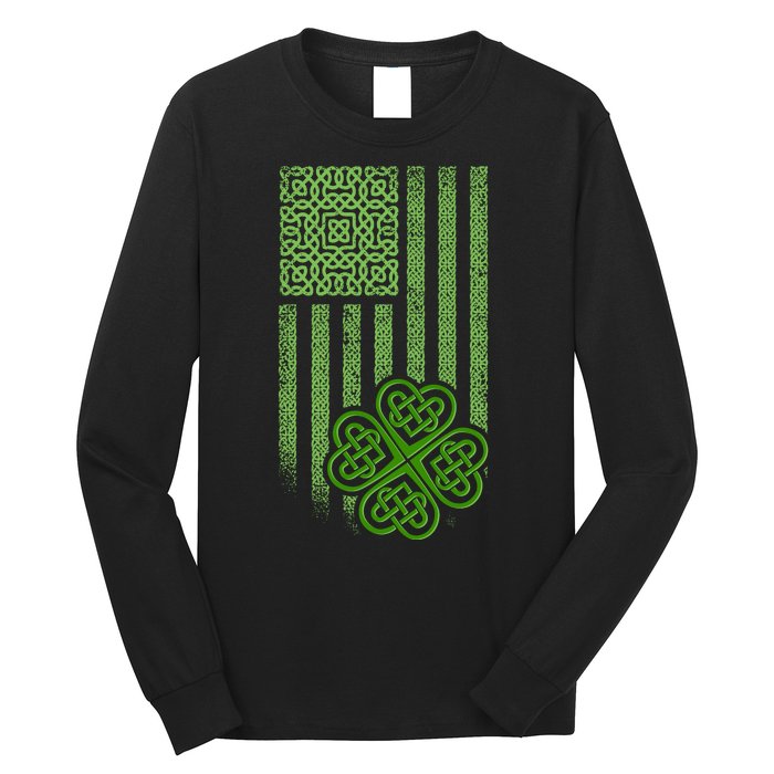 St Patrick's Day Celtic Shamrock US American Flag Long Sleeve Shirt