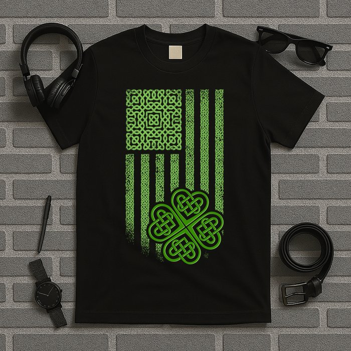 St Patrick's Day Celtic Shamrock US American Flag T-Shirt