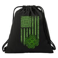 St Patrick's Day Celtic Shamrock US American Flag Drawstring Bag