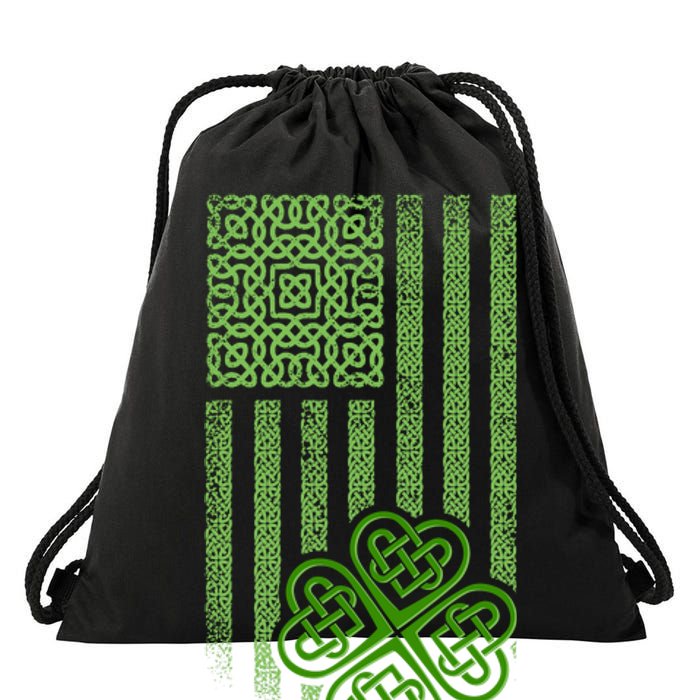 St Patrick's Day Celtic Shamrock US American Flag Drawstring Bag