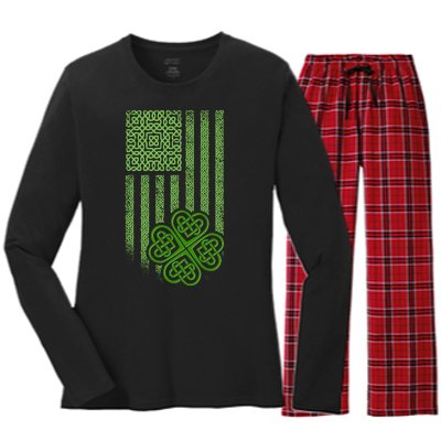 St Patrick's Day Celtic Shamrock US American Flag Women's Long Sleeve Flannel Pajama Set 