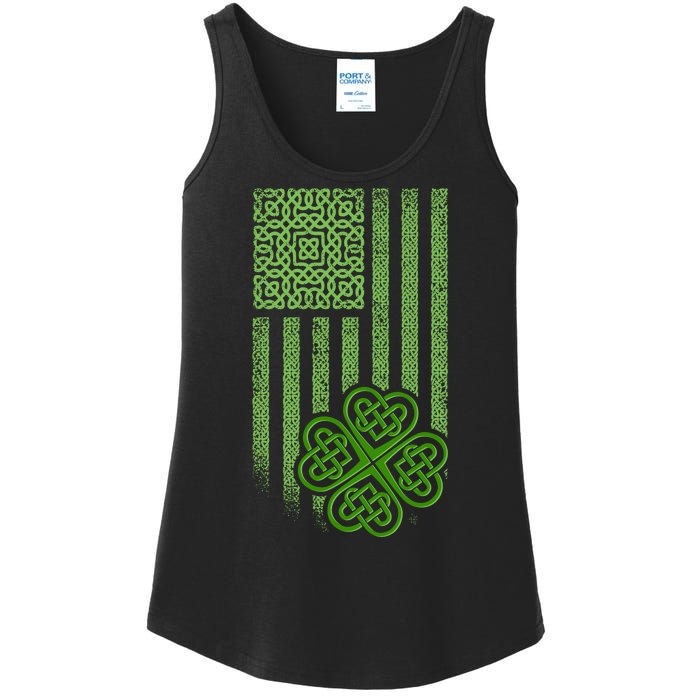 St Patrick's Day Celtic Shamrock US American Flag Ladies Essential Tank