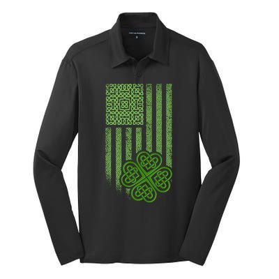 St Patrick's Day Celtic Shamrock US American Flag Silk Touch Performance Long Sleeve Polo