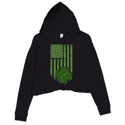 St Patrick's Day Celtic Shamrock US American Flag Crop Fleece Hoodie