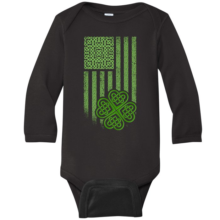 St Patrick's Day Celtic Shamrock US American Flag Baby Long Sleeve Bodysuit