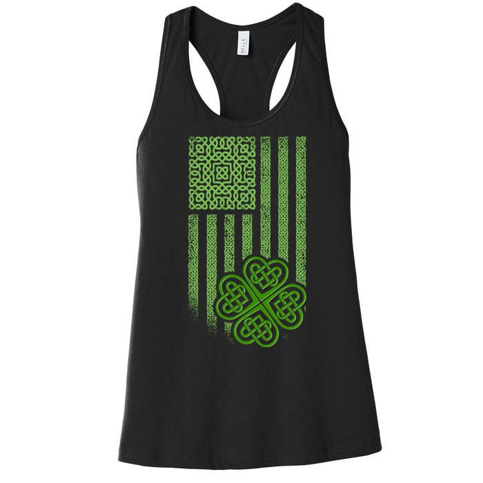 St Patrick's Day Celtic Shamrock US American Flag Women's Racerback Tank