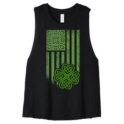 St Patrick's Day Celtic Shamrock US American Flag Women's Racerback Cropped Tank