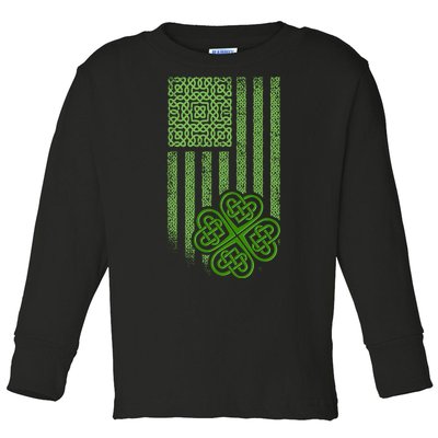 St Patrick's Day Celtic Shamrock US American Flag Toddler Long Sleeve Shirt