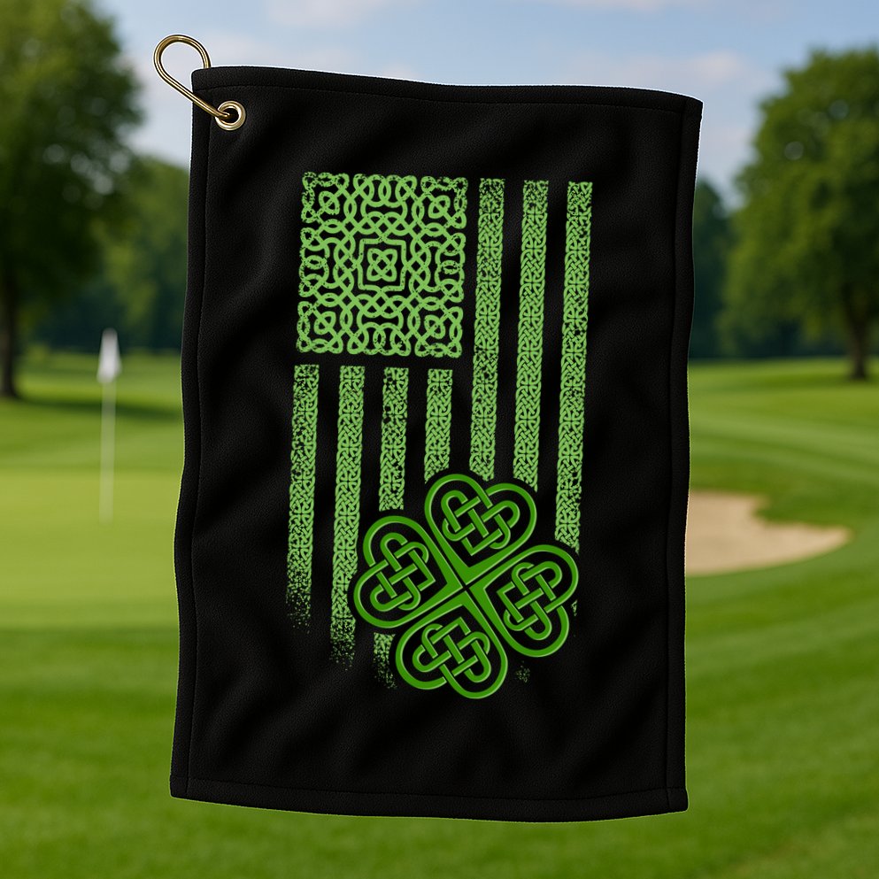 St Patrick's Day Celtic Shamrock US American Flag Golf Towel