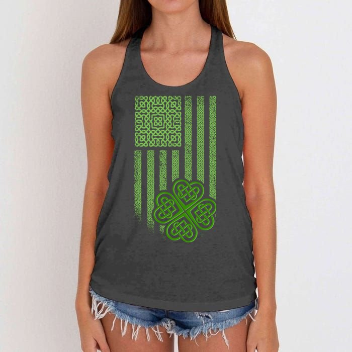 St Patrick's Day Celtic Shamrock US American Flag Women's Knotted Racerback Tank