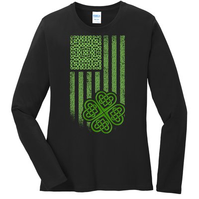 St Patrick's Day Celtic Shamrock US American Flag Ladies Long Sleeve Shirt