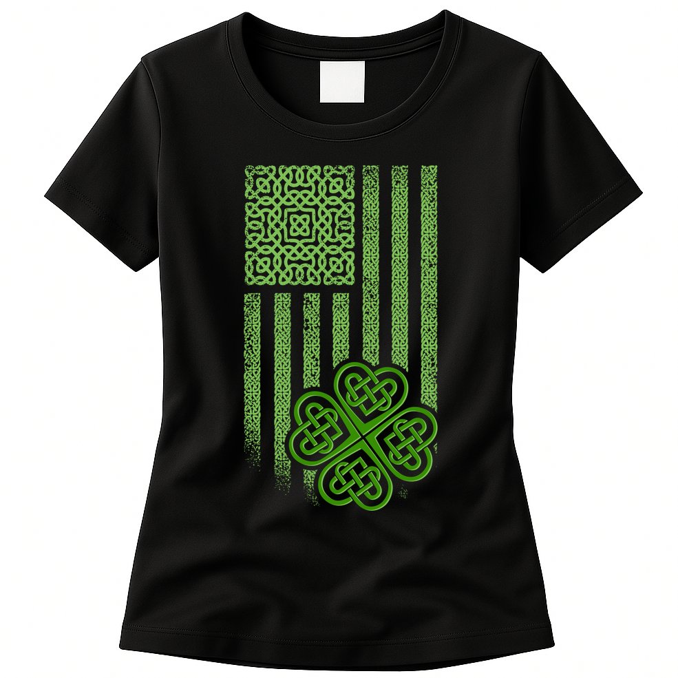 St Patrick's Day Celtic Shamrock US American Flag Womens T-Shirt