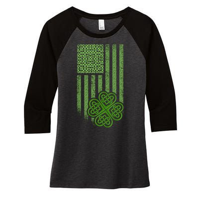 St Patrick's Day Celtic Shamrock US American Flag Women's Tri-Blend 3/4-Sleeve Raglan Shirt