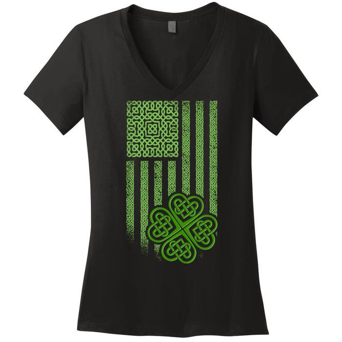 St Patrick's Day Celtic Shamrock US American Flag Women's V-Neck T-Shirt