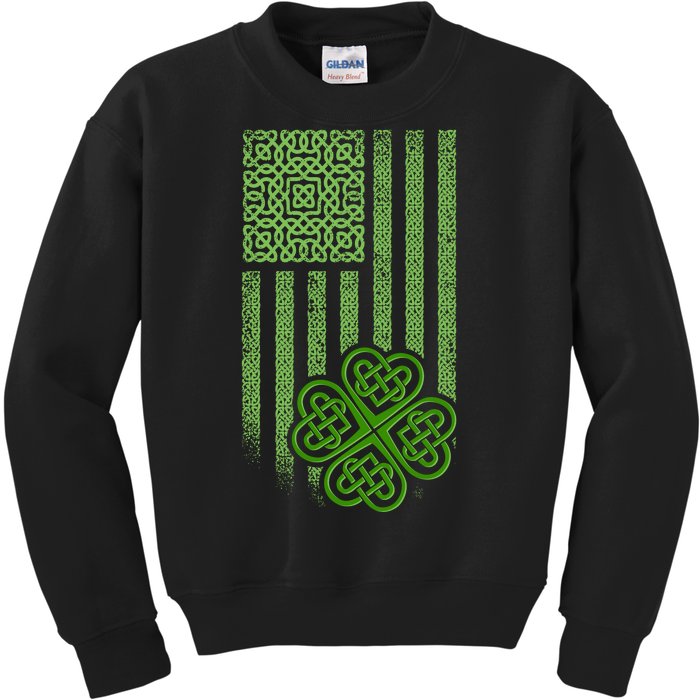 St Patrick's Day Celtic Shamrock US American Flag Kids Sweatshirt