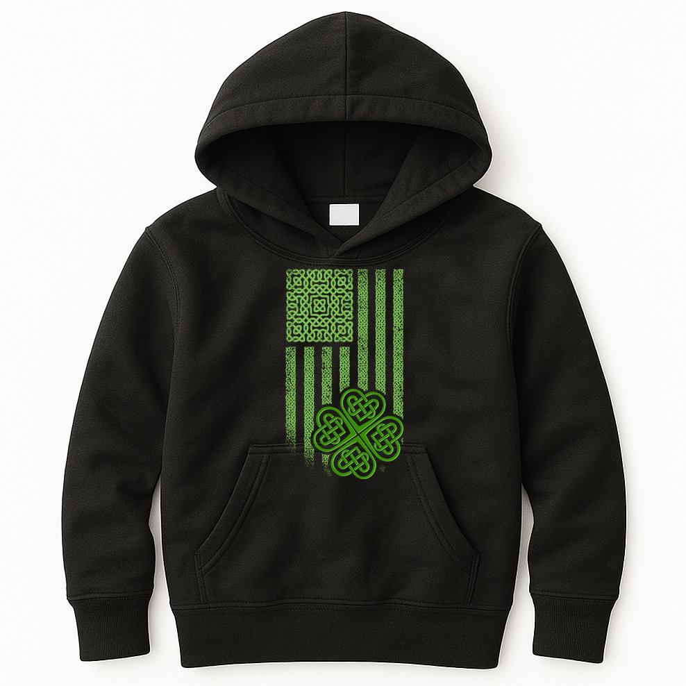 St Patrick's Day Celtic Shamrock US American Flag Kids Hoodie