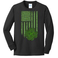 St Patrick's Day Celtic Shamrock US American Flag Kids Long Sleeve Shirt