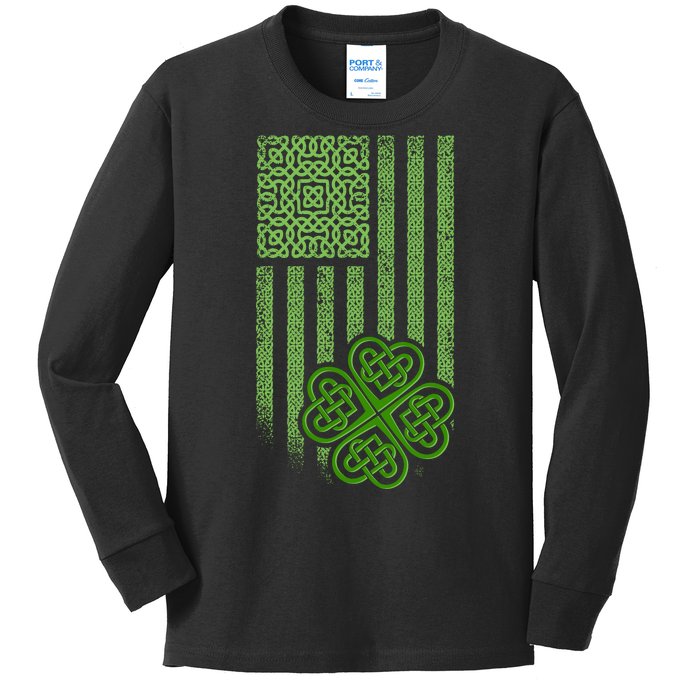 St Patrick's Day Celtic Shamrock US American Flag Kids Long Sleeve Shirt