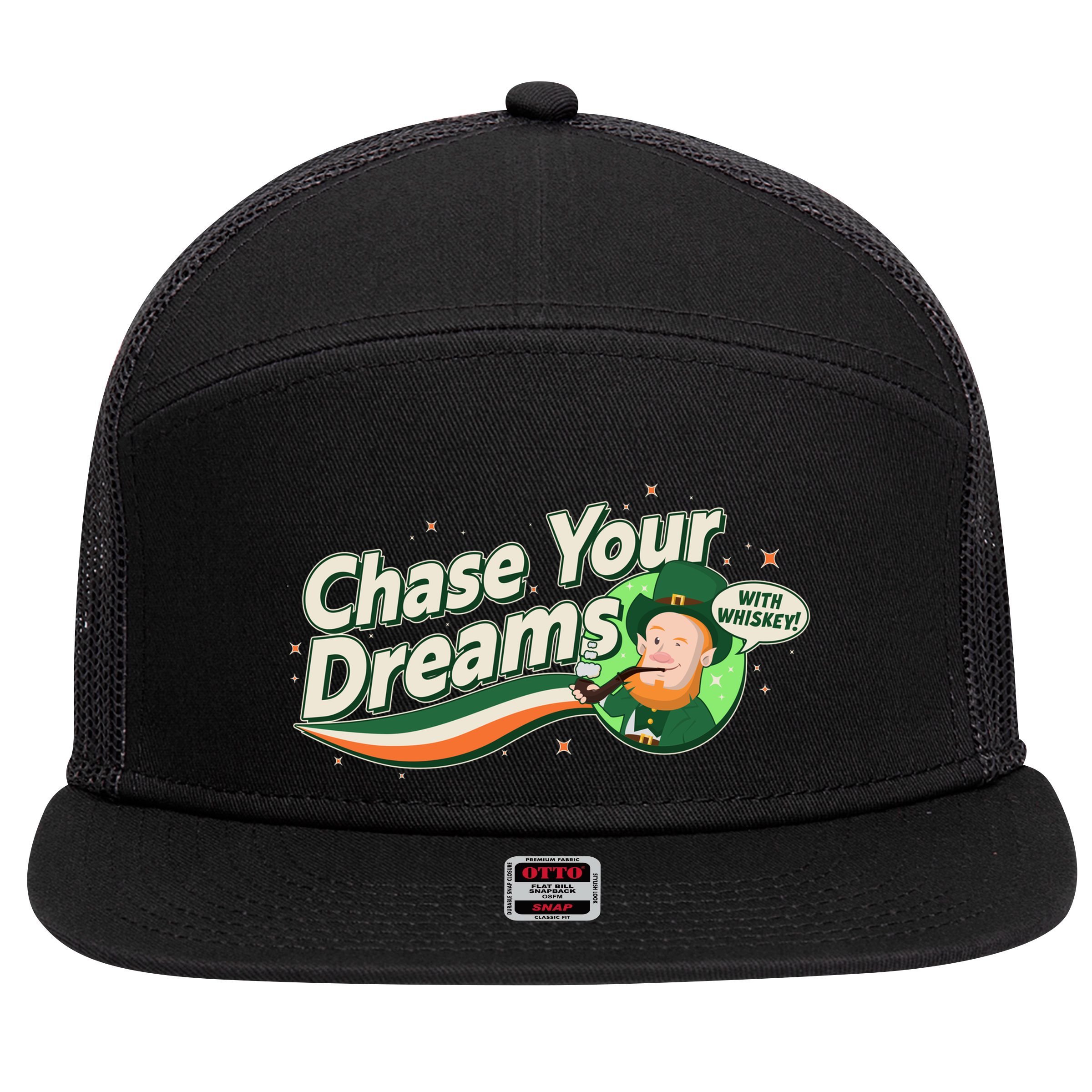 St Patrick's Day Chase Your Dreams With Whiskey 7 Panel Mesh Trucker Snapback Hat