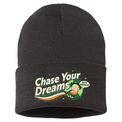 St Patrick's Day Chase Your Dreams With Whiskey Sustainable Knit Beanie