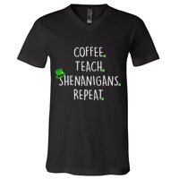 St Patrick's Day Coffee Teach Shenanigans Repeat V-Neck T-Shirt