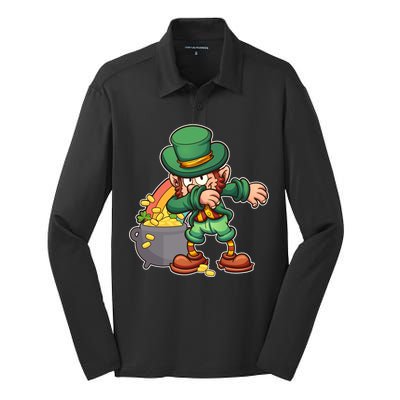 St Patricks Day Dabbing Leprechaun Pot Of Gold Silk Touch Performance Long Sleeve Polo