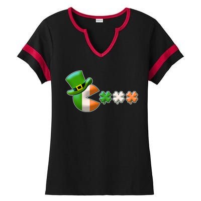 St Patrick's Day Irish Flag Pac Man Shamrocks Ladies Halftime Notch Neck Tee