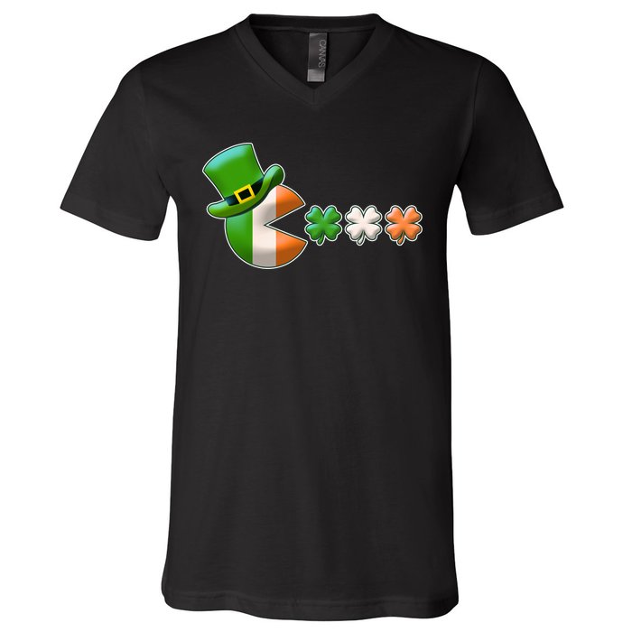 St Patrick's Day Irish Flag Pac Man Shamrocks V-Neck T-Shirt